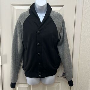 Zara Jacket Sz Medium 38 Bomber Varsity Black Gray Leather Button Long Sleeve